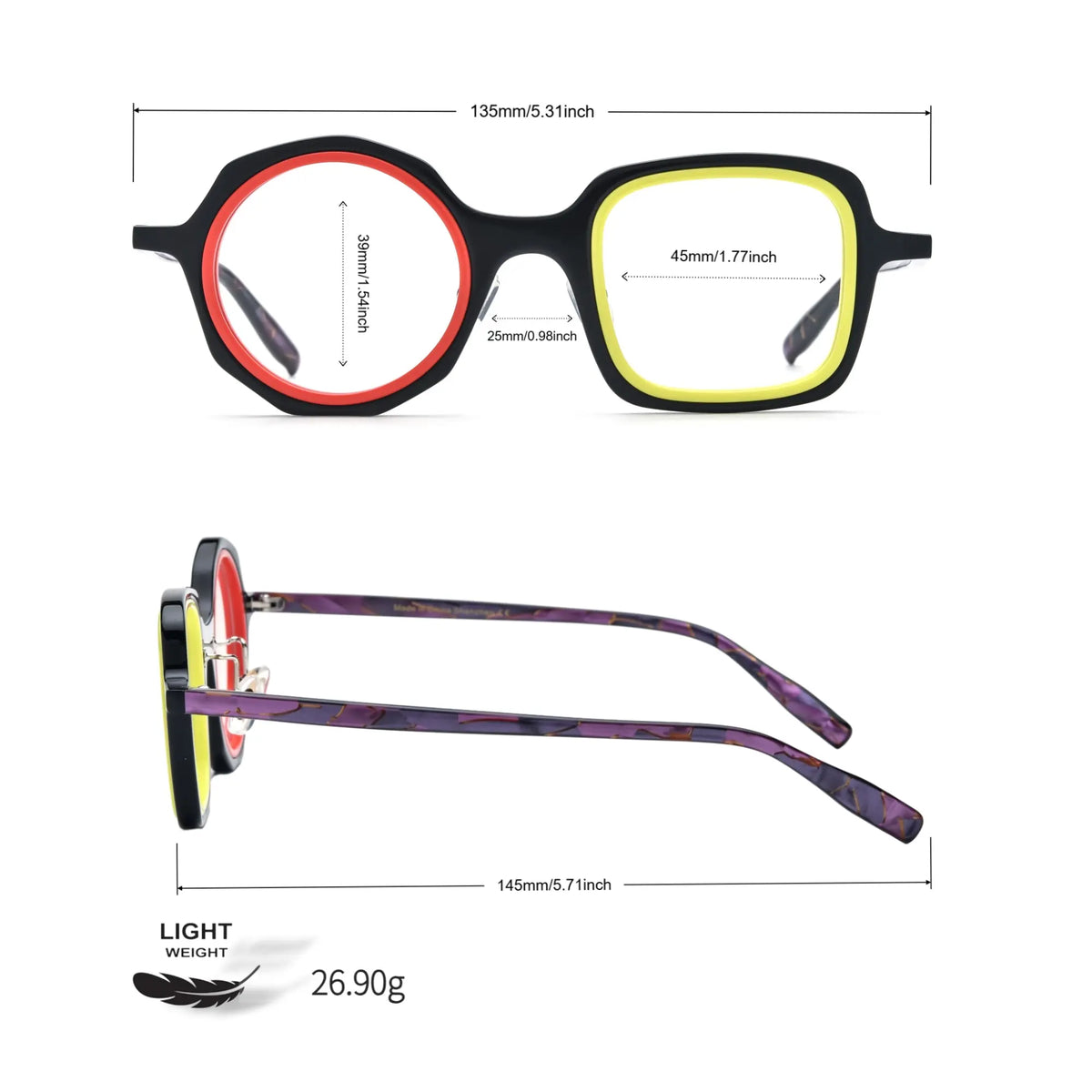 VoyueLens geometric eyeglasses in Black Amber color, size chart including lens width, bridge, and temple length.