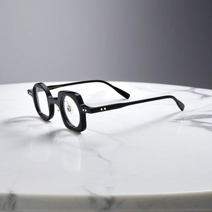 Side view showing the nano-polished black acetate frame of VoyueLens asymmetrical eyeglasses with ergonomic silicone nose pads.