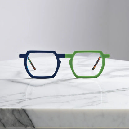 Front view of VoyueLens Blue-Green Matte eyeglasses with square frame, bold contrast, and a modern streetwear vibe