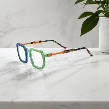 Side profile showing dual-tone blue-green acetate temples and artistic geometric design by VoyueLens