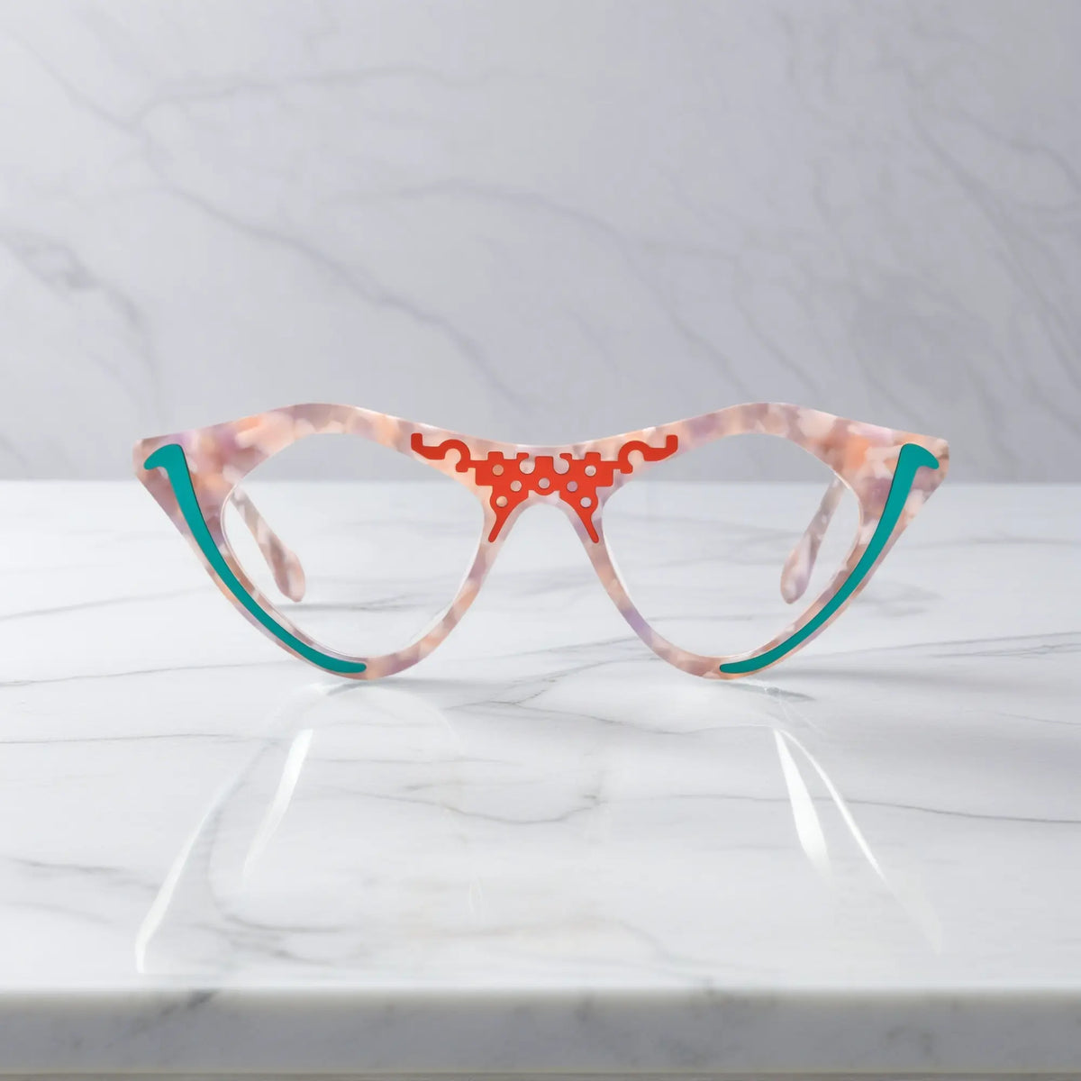 Blush Marble VoyueLens pixel cat-eye glasses front view with soft pink marble pattern