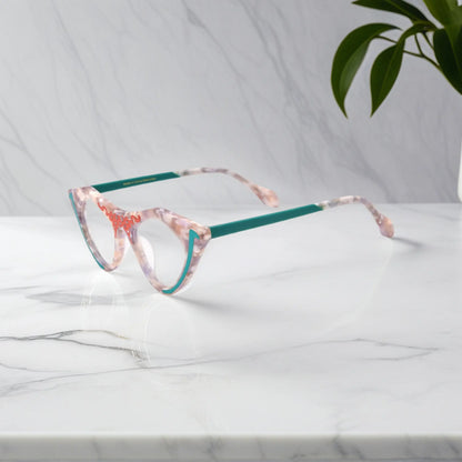 Side view of Blush Marble VoyueLens pixel cat-eye glasses in trendy pink finish