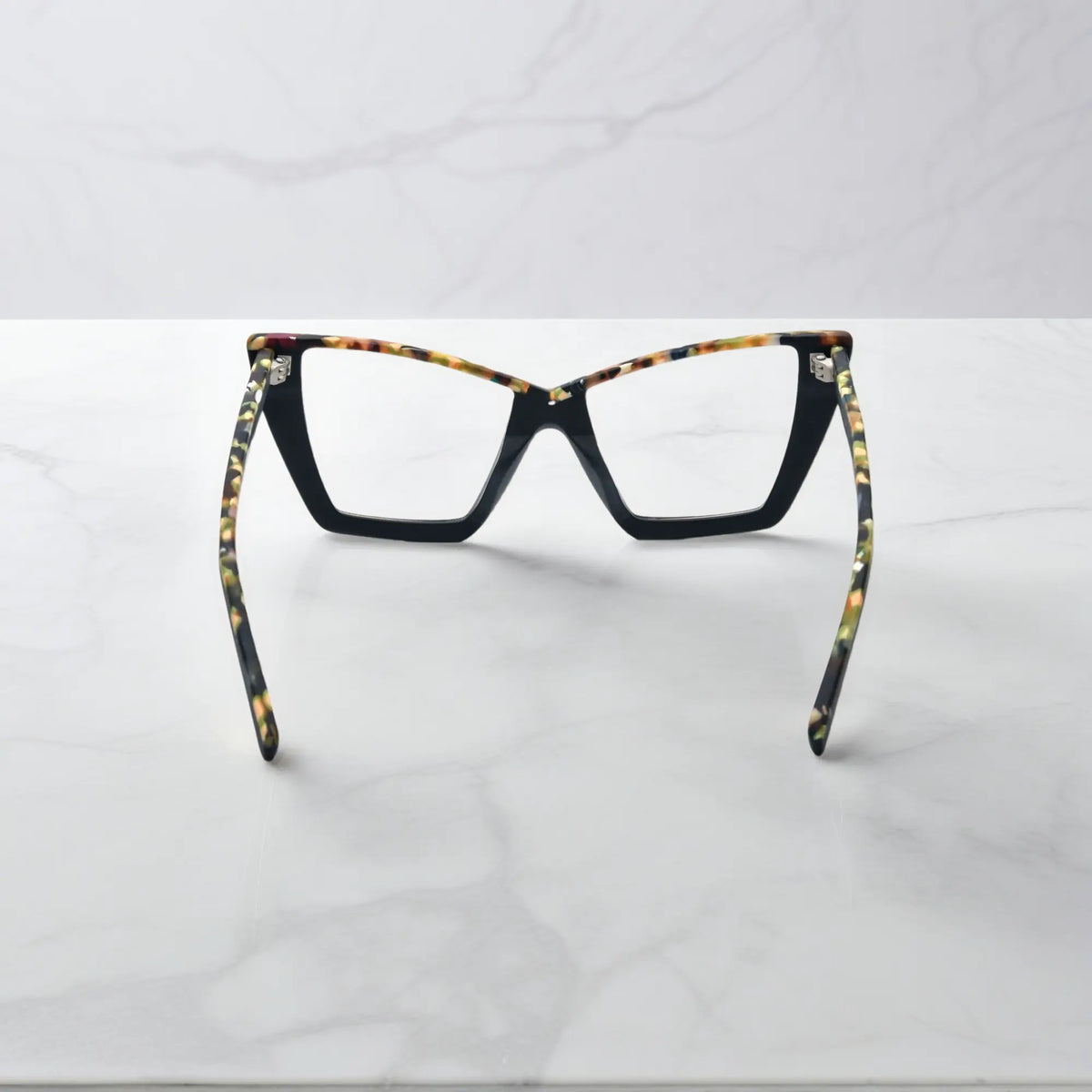 Rear angle of VoyueLens Black-Blue Accent oversized butterfly frame with premium acetate and flexible hinges