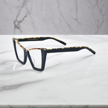 Side view of Black-Blue Accent VoyueLens acetate glasses showing lightweight temple design and glossy black exterior