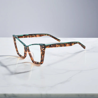 Side view of VoyueLens cat-eye glasses in emerald tortoise, highlighting the sleek acetate temples and lightweight design