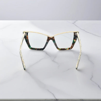 Rear angle of Olive Tortoise variant of VoyueLens cat-eye glasses, showing interior pattern and temple construction
