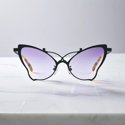 Front of VoyueLens VL185862 titanium butterfly eyeglasses in Charcoal Black – a lightweight, colorful, vintage-inspired, prescription ready frame designed for unique artistic style and everyday comfort.