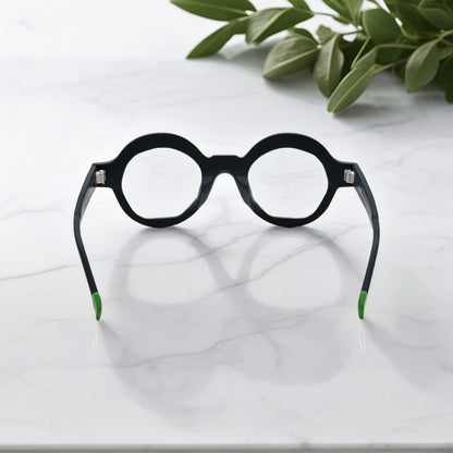 Rear angle of VoyueLens Charcoal Black eyeglasses featuring anti-slip temple tips and matte-black surface finish