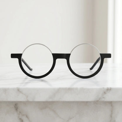 Front view of VoyueLens Charcoal Silver eyeglasses featuring a sleek matte black frame and minimalist silver detail.