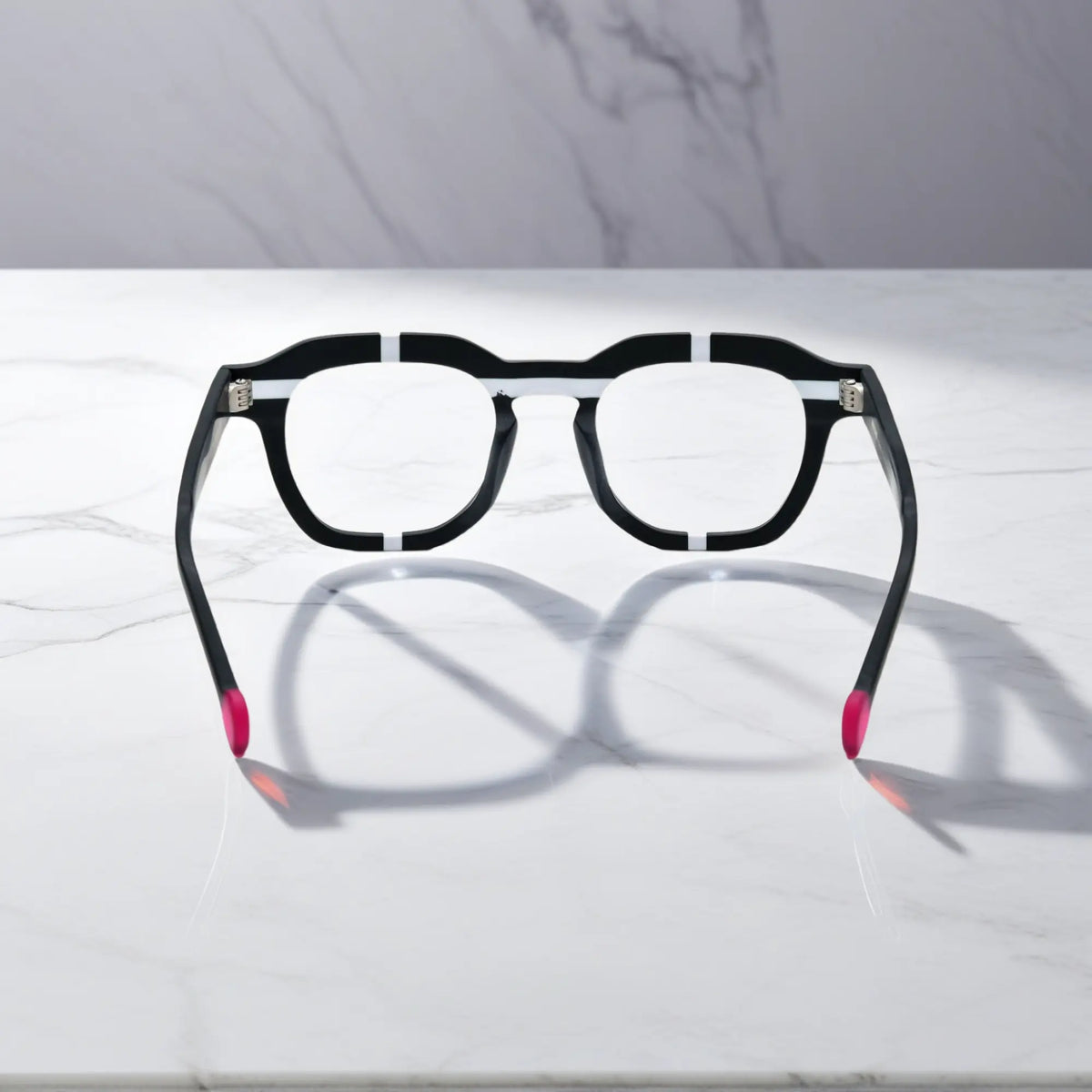Rear view highlighting hinge and temple tips of the Charcoal Stripe frame