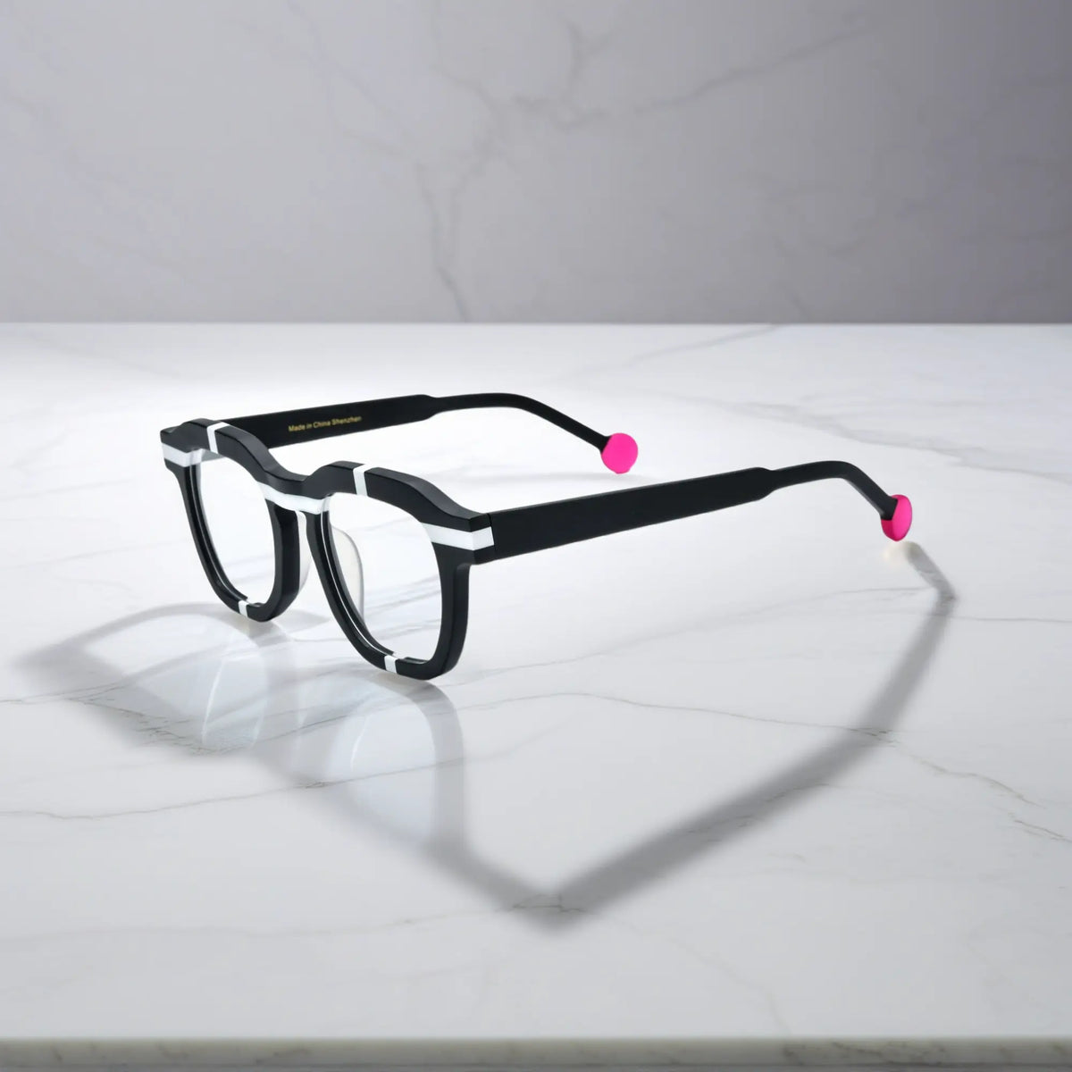 Side view of VoyueLens VL19363 Charcoal Stripe matte black eyeglasses with pink tips
