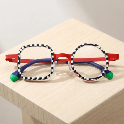 Folded view of VoyueLens Checker Clash Red eyeglasses showing compact structure and flexible temples, a distinctive BARLEDEAR design.