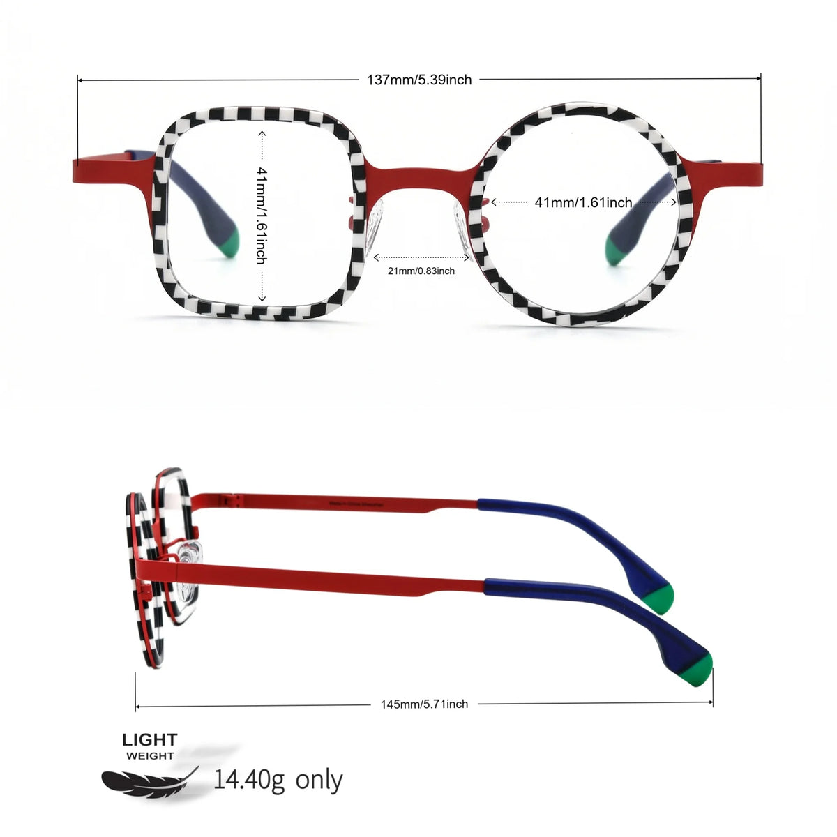Size diagram of VoyueLens Checker Clash Red eyeglasses showing full frame dimensions and ultra-light 14.4g construction, part of the BARLEDEAR design collection.