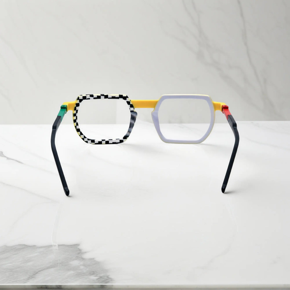 Rear angle of Checkerboard Yellow fashion glasses with matte frame and youthful rebellious appeal