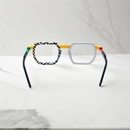 Rear angle of Checkerboard Yellow fashion glasses with matte frame and youthful rebellious appeal