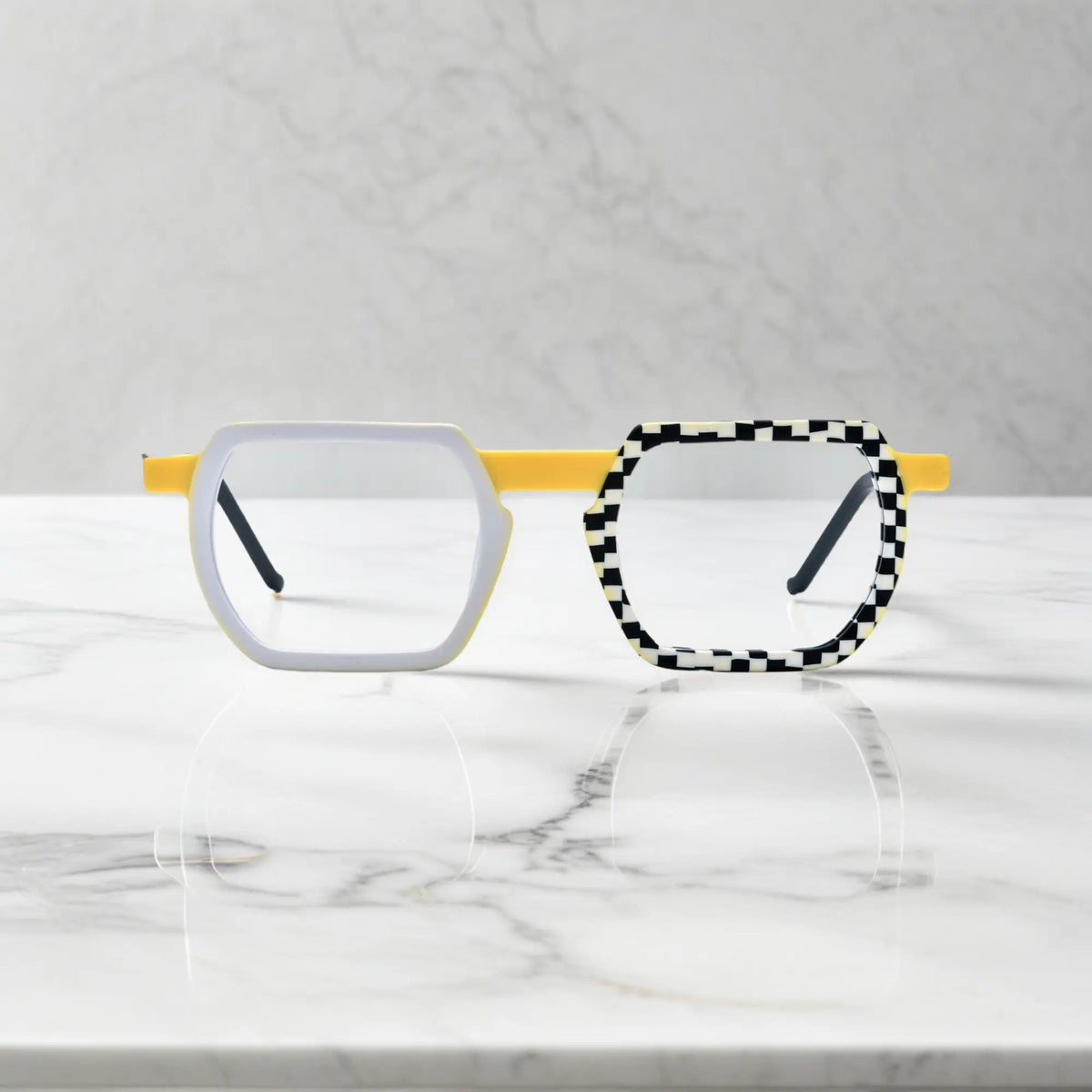 Front view of VoyueLens Checkerboard Yellow eyeglasses with standout geometric silhouette and bold contrast