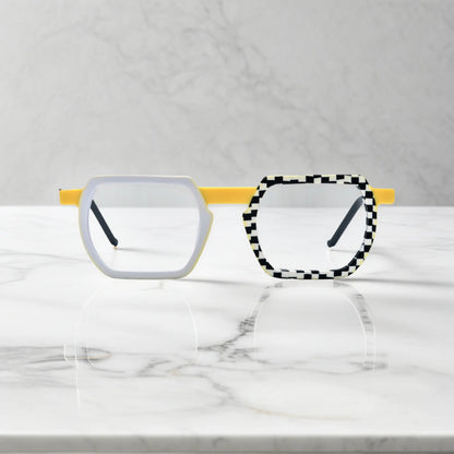 Front view of VoyueLens Checkerboard Yellow eyeglasses with standout geometric silhouette and bold contrast