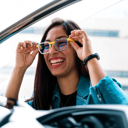 Model wearing VoyueLens Checkerboard Yellow frames, exuding bold personality and individualism