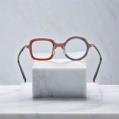 VoyueLens geometric eyeglasses in Chestnut Blue color, rear view highlighting acetate structure and temple tips.