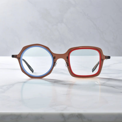 VoyueLens geometric eyeglasses in Chestnut Blue color, shown in front view. Features acetate frame and silicone nose pads.