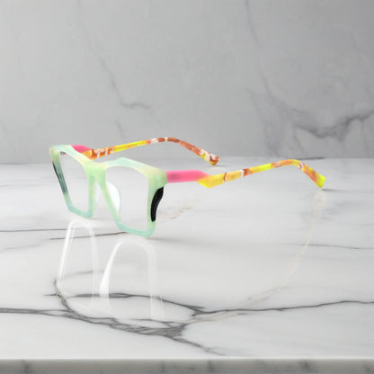 Side profile of VoyueLens Citrus Fade glasses, highlighting lime green front with pink-accented temples and ergonomic acetate arms.