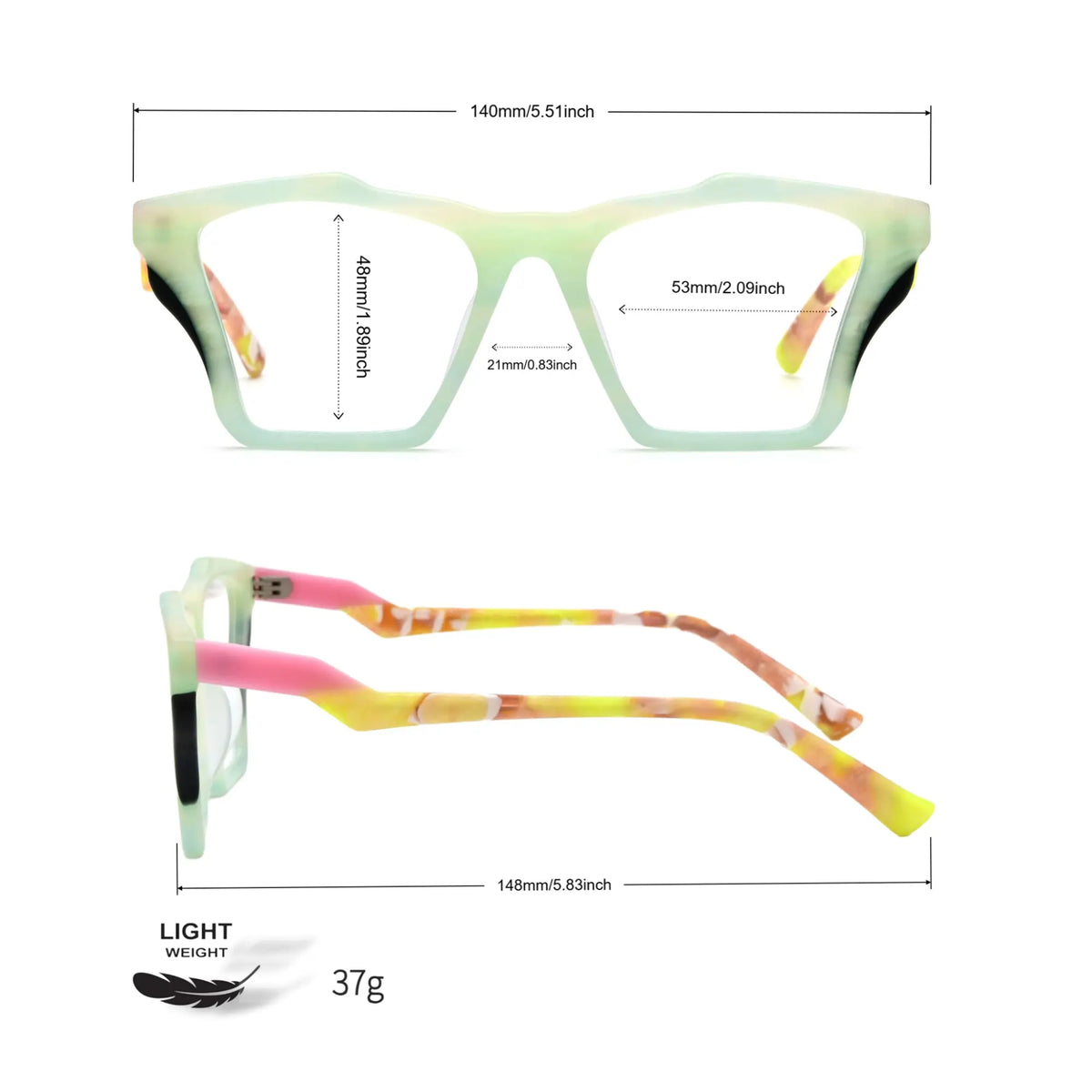 Measurement chart for VoyueLens Citrus Fade butterfly frame, including lens width, bridge width, temple length, and total frame width.