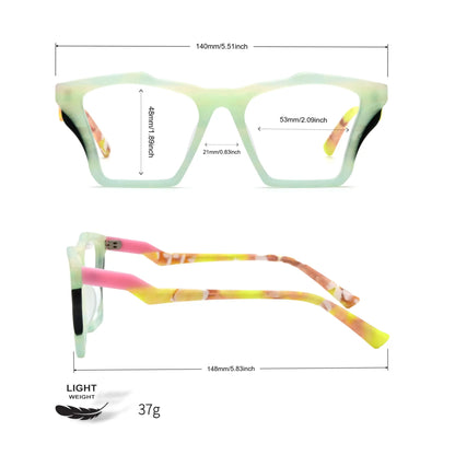 Measurement chart for VoyueLens Citrus Fade butterfly frame, including lens width, bridge width, temple length, and total frame width.