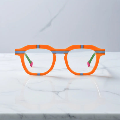 Front view of VoyueLens VL19363 Citrus Pop full-rim orange acetate eyeglass frame with green temples