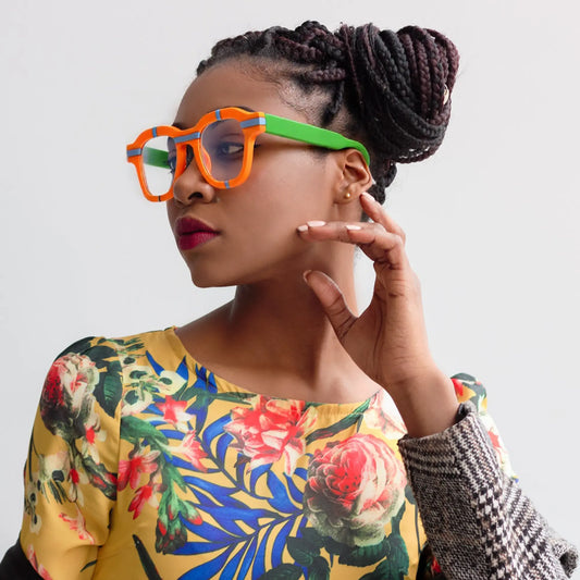 Fashion model showcasing the bold and colorful Citrus Pop eyeglasses by VoyueLens Urban Pop Series