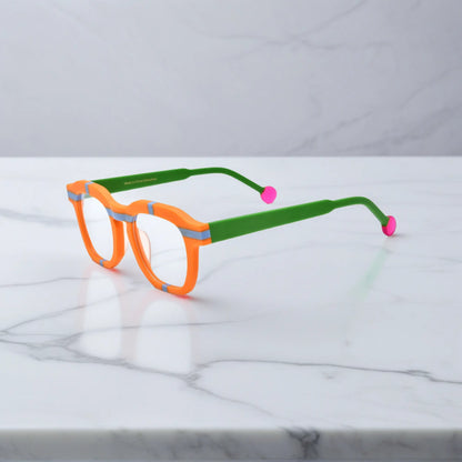 Side view of VoyueLens Citrus Pop eyeglasses showing vibrant orange frame, green temples, and pink tips