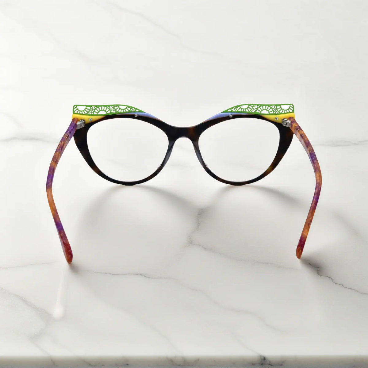 Back View of VoyueLens Citrus Tortoiseshell cat-eye eyeglasses with bold tortoiseshell gradient and signature lace-pattern design.