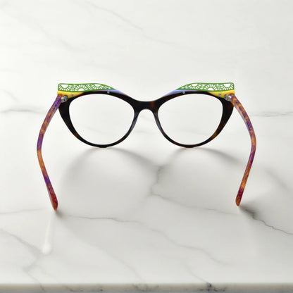 Back View of VoyueLens Citrus Tortoiseshell cat-eye eyeglasses with bold tortoiseshell gradient and signature lace-pattern design.