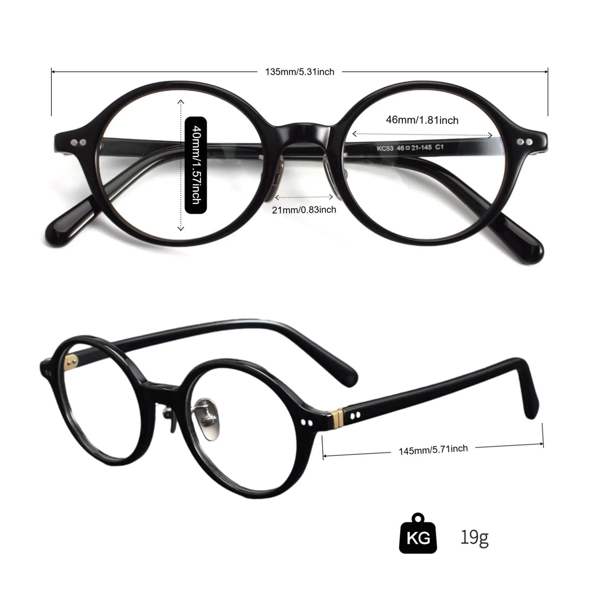 Frame width 135 mm, lens width 46 mm, lens height 40 mm, bridge 21 mm