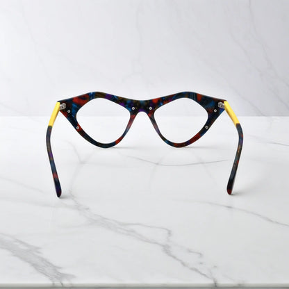 Rear view of Color Burst VoyueLens pixel cat-eye eyewear in matte rainbow acetate