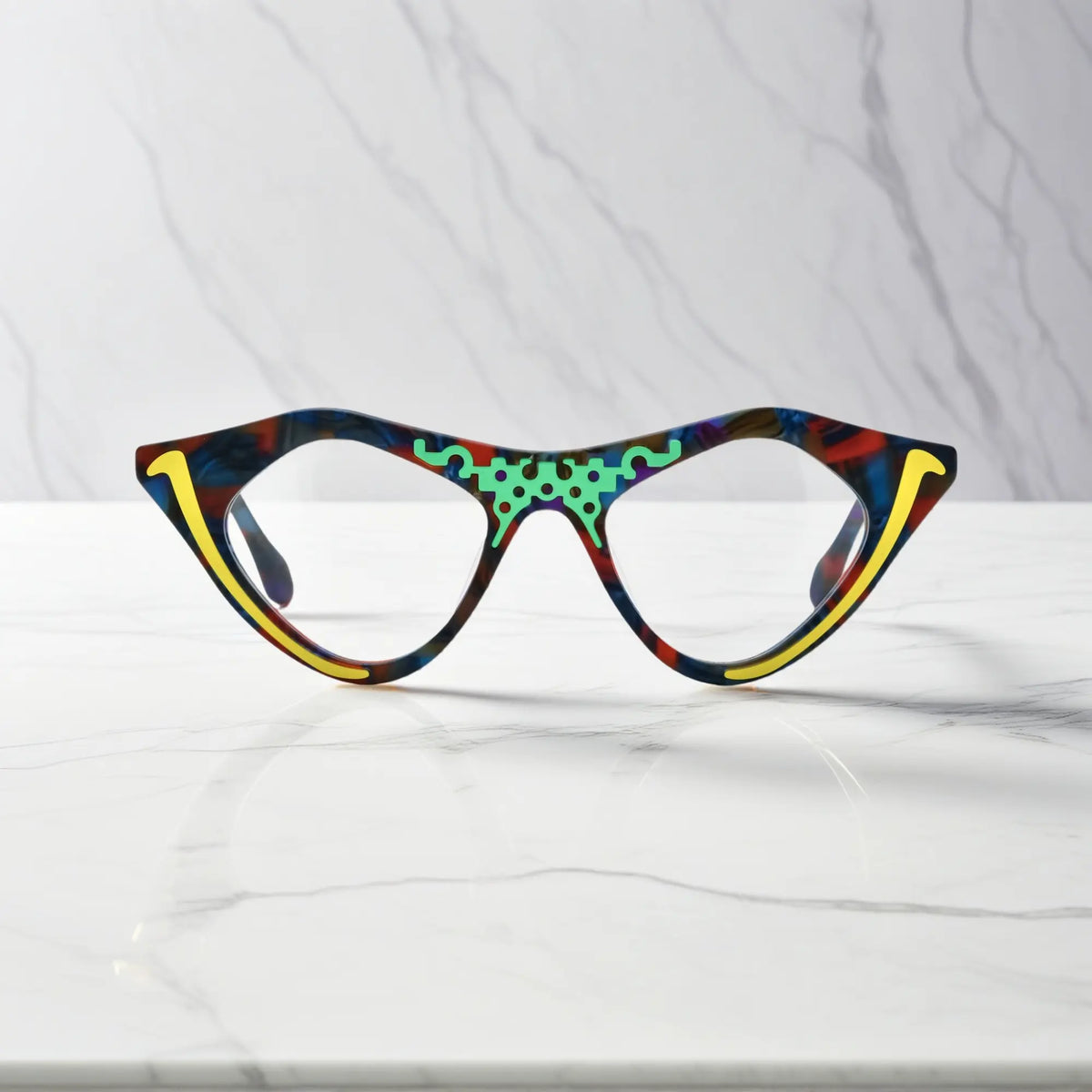 Color Burst VoyueLens pixel cat-eye glasses front view showcasing vibrant multicolor design