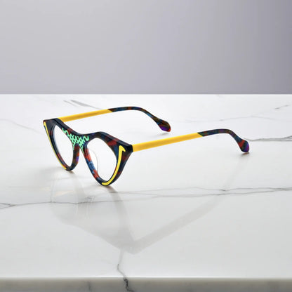 Color Burst VoyueLens pixel cat-eye glasses side profile with bold triangular structure