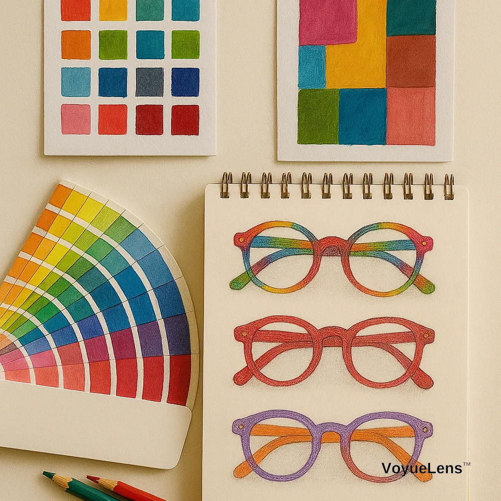 Hand-drawn concept of VoyueLens color frame designs featuring Rainbow Rush, Crimson Nebula, and Aurora Fade.