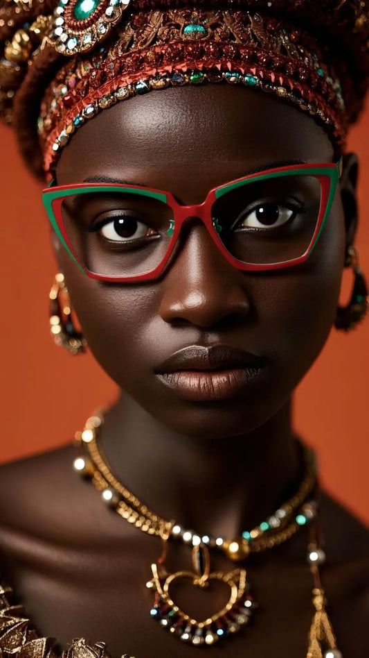 Model wearing VoyueLens VL185809 Crimson Garden cat-eye glasses