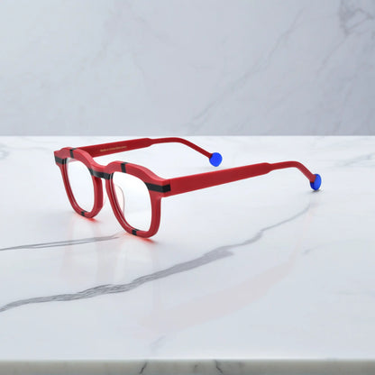Side view of VoyueLens VL19363 Crimson Impact red eyeglasses with blue tips