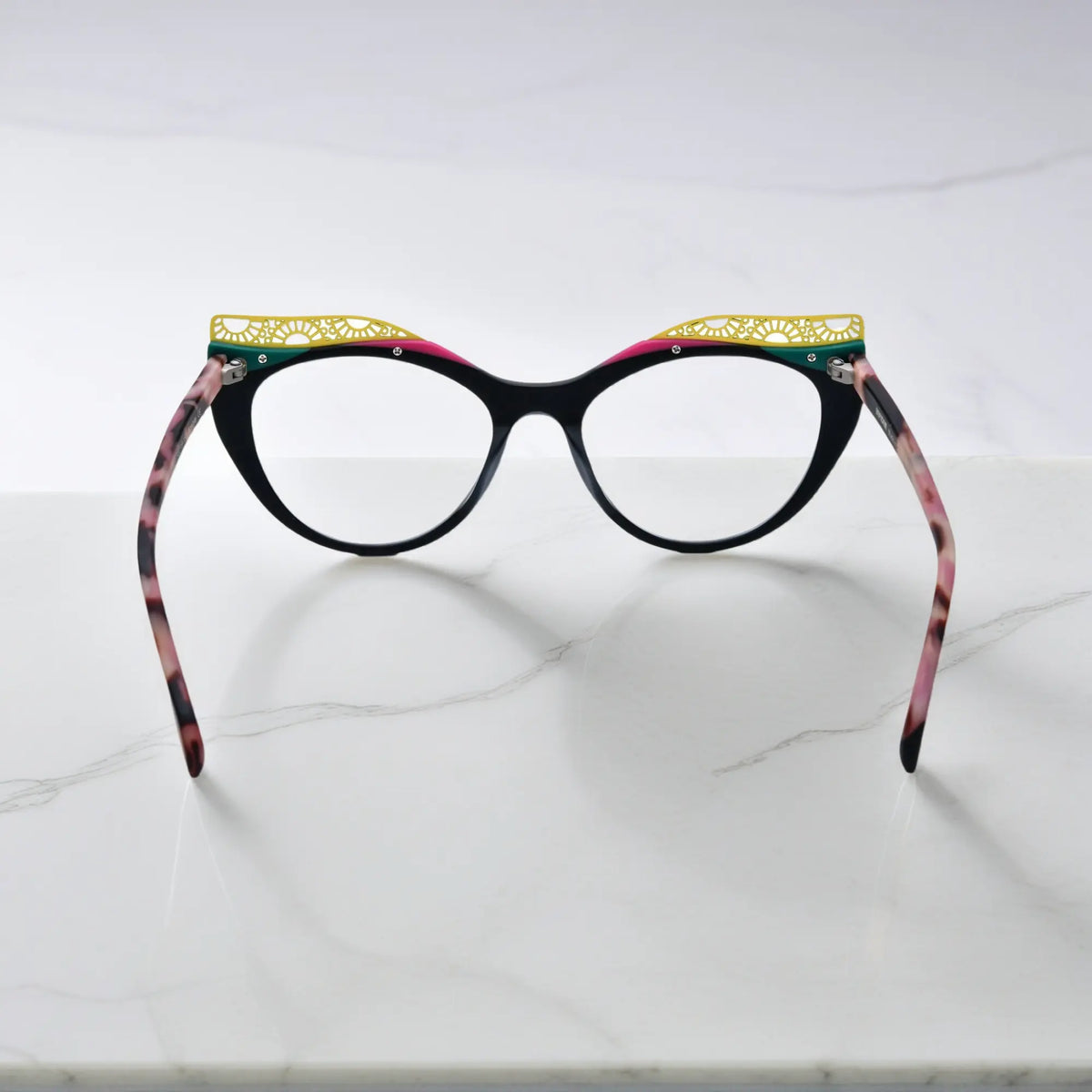 Back View of VoyueLens Crimson Nebula cat-eye eyeglasses with matte black with red nebula gradient and signature lace-pattern design.