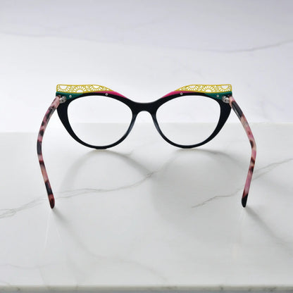 Back View of VoyueLens Crimson Nebula cat-eye eyeglasses with matte black with red nebula gradient and signature lace-pattern design.