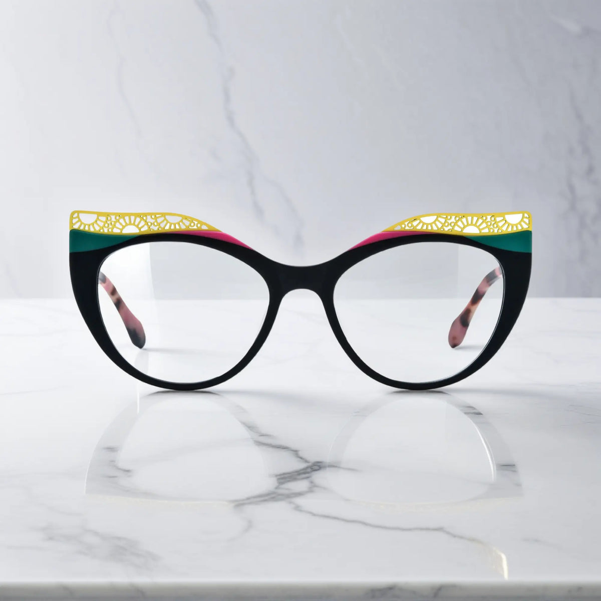 Front View of VoyueLens Crimson Nebula cat-eye eyeglasses with matte black with red nebula gradient and signature lace-pattern design.