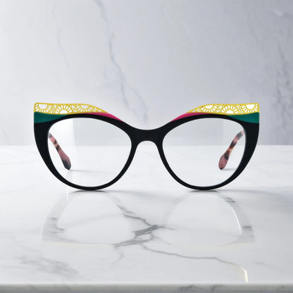Front View of VoyueLens Crimson Nebula cat-eye eyeglasses with matte black with red nebula gradient and signature lace-pattern design.