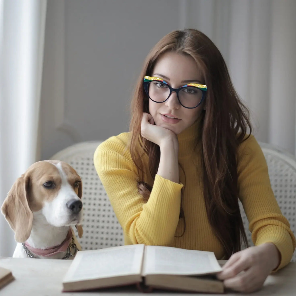 Model Wearing View of VoyueLens Crimson Nebula cat-eye eyeglasses with matte black with red nebula gradient and signature lace-pattern design.