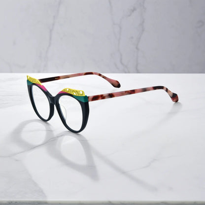 Side View of VoyueLens Crimson Nebula cat-eye eyeglasses with matte black with red nebula gradient and signature lace-pattern design.