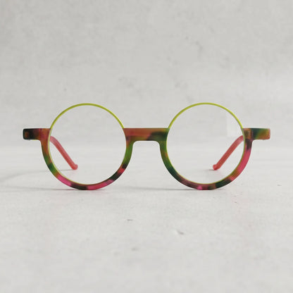 Front-facing Crimson Nebula eyeglasses in red-green blend, designed by VoyueLens for a cosmic statement look.