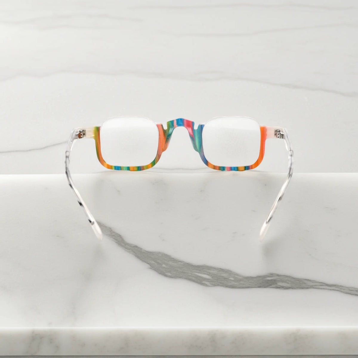 Rear view of VoyueLens crystal aurora square glasses frame with multicolor translucent acetate finish