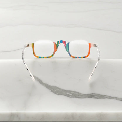 Rear view of VoyueLens crystal aurora square glasses frame with multicolor translucent acetate finish