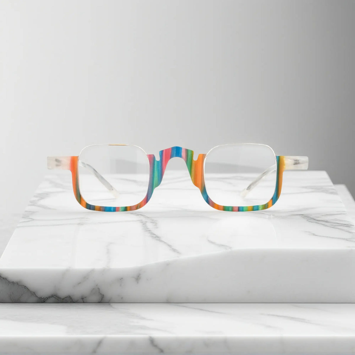 Front view of VoyueLens square eyeglasses in crystal aurora acetate, clear colorful fashion frame