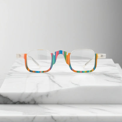 Front view of VoyueLens square eyeglasses in crystal aurora acetate, clear colorful fashion frame